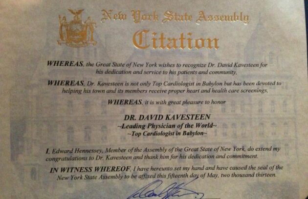 Dr. Kavesteen Awarded Citation from New York Assembly