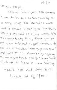 Letter from Intern after end of internship